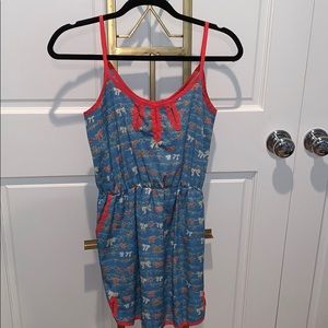 blue and red patterned dress